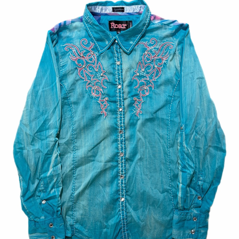 Roar Shirt Womens XL Blue Stretch Western Embroidered Rhinestone Button Up